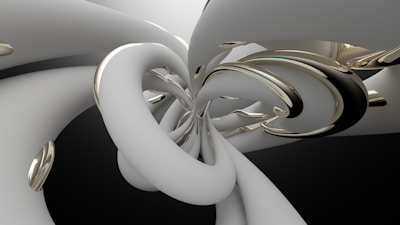 A digital abstract artwork featuring intertwined and looping shapes in metallic and off-white colors. The forms are smooth and glossy, creating a sense of depth and movement against a dark background.