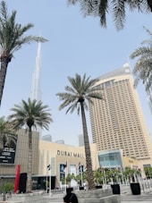 A modern urban scene featuring tall palm trees, skyscrapers, and the entrance to a shopping mall with the name 'Dubai Mall' prominently displayed. The architecture is sleek and contemporary, with flags lining the pathway to the entrance.