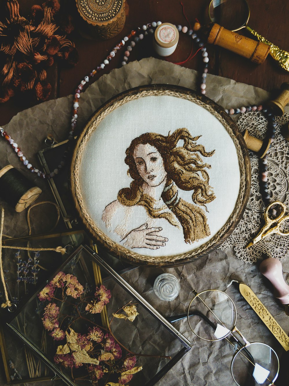 a picture of a woman with long hair on a table