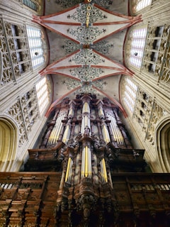 An intricately designed pipe organ is housed within a grand architectural setting. The ceiling above displays ornate patterns with floral motifs and pink arches. Tall, stained glass windows flank the organ, allowing light to filter through, enhancing the atmosphere with a sense of majesty.