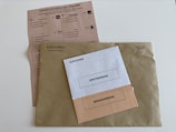 Three envelopes and a voting ballot are arranged on a flat surface. The largest envelope is brown with a text reading 'Elecciones Voto por Correo' and a stamp indicating it is urgent. On top of it, there are two smaller envelopes, one white labeled 'Diputados/as' and one beige labeled 'Senadores/as'. The voting ballot is partially visible beneath the envelopes, providing options for different political parties.