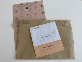 Three envelopes and a voting ballot are arranged on a flat surface. The largest envelope is brown with a text reading 'Elecciones Voto por Correo' and a stamp indicating it is urgent. On top of it, there are two smaller envelopes, one white labeled 'Diputados/as' and one beige labeled 'Senadores/as'. The voting ballot is partially visible beneath the envelopes, providing options for different political parties.