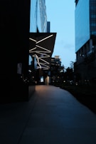 An outdoor security patrol at dusk with modern city buildings in the background.