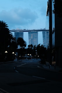 A futuristic city skyline at dusk with glowing lights.
