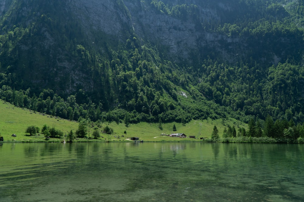 a lake surrounded by green mountains and trees