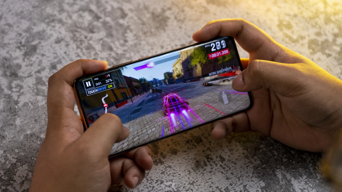 A person playing a colorful mobile game on an Android smartphone with full engagement