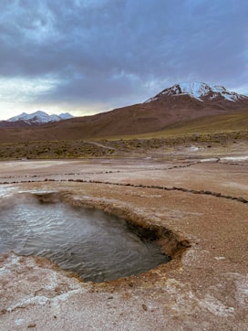A geothermal landscape with steaming pools surrounded by rocky terrain under a cloudy sky.