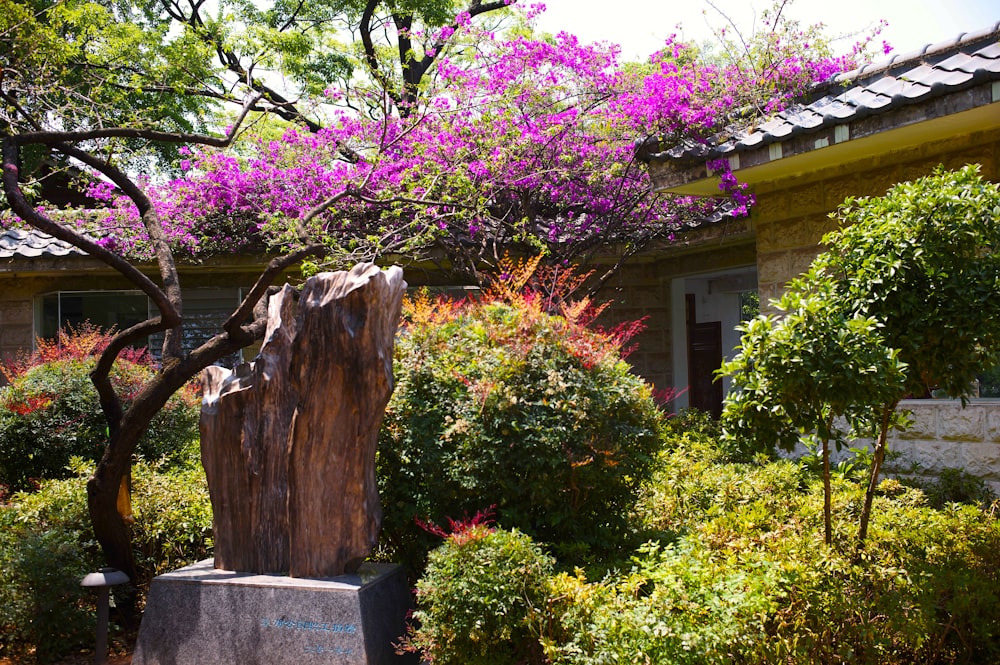 a tree stump in a garden with purple flowers