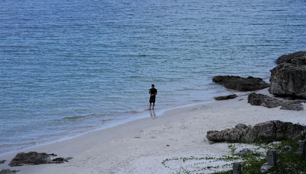 a person standing on a beach next to the ocean