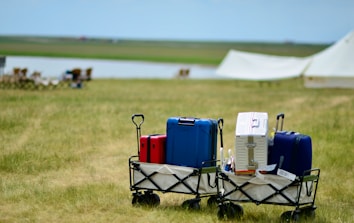 Two carts filled with various luggage, including red, blue, and white suitcases, are positioned on a grassy field. In the background, a body of water and some tents can be seen, suggesting a camping or outdoor event.