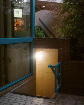 An entrance to a basement with tiled walls illuminated by a light. A window reflecting outdoor foliage and a sign saying 'Additions Goods' is visible. The scene includes a mix of natural and architectural elements, with plants lining a brick pathway.