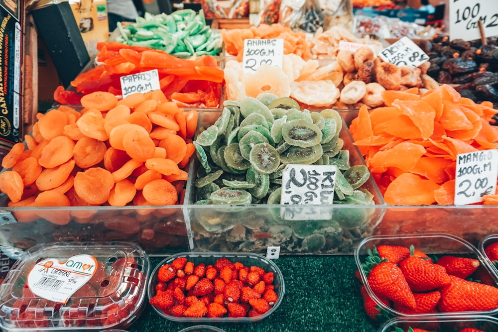 a variety of fruits and vegetables are on display