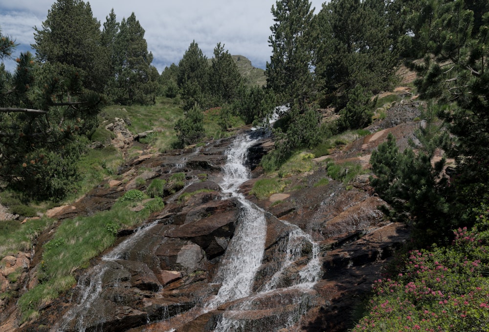 a small waterfall running down a rocky hillside