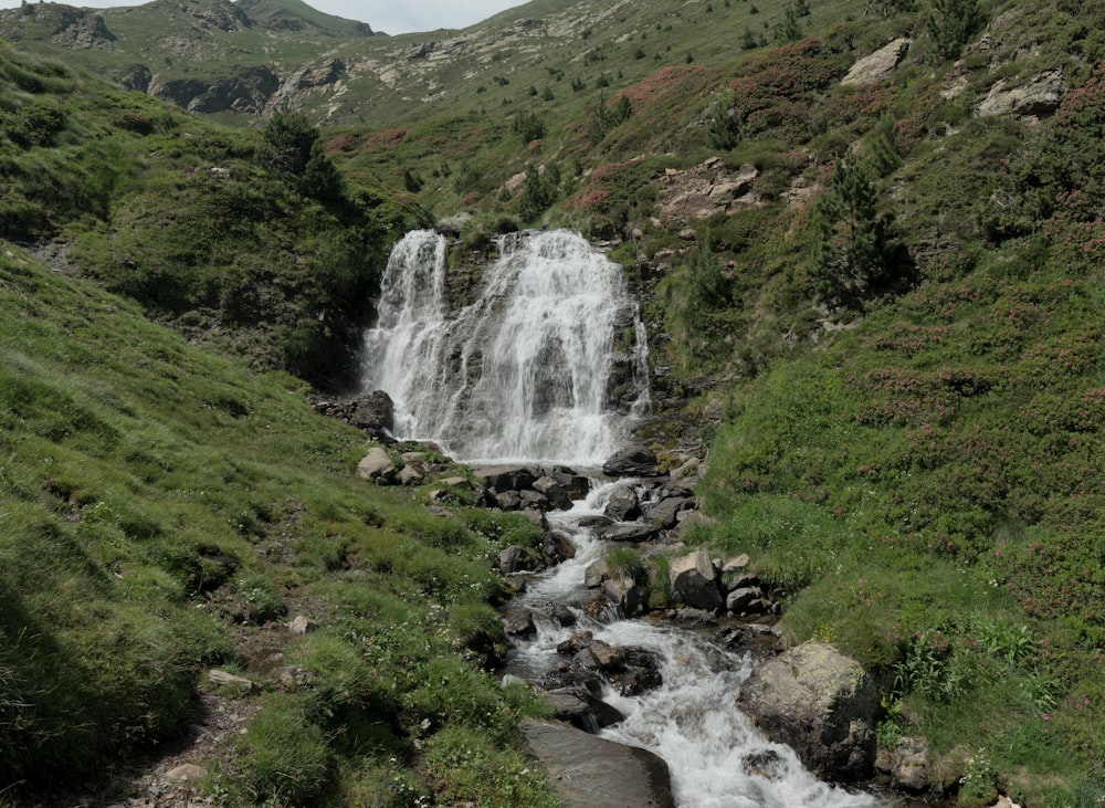 a small waterfall in the middle of a lush green valley