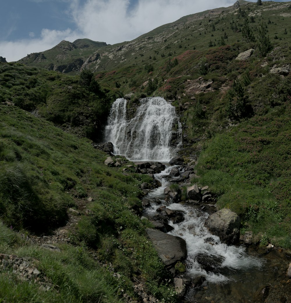a small waterfall in the middle of a lush green hillside