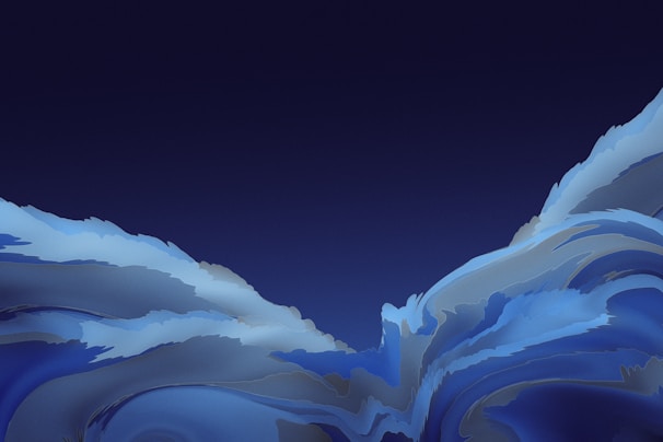 A digital illustration featuring abstract swirls of blue tones resembling waves or clouds against a deep blue background. The fluid shapes create a sense of movement and depth.