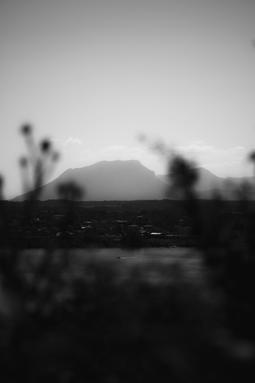 a black and white photo of a mountain in the distance