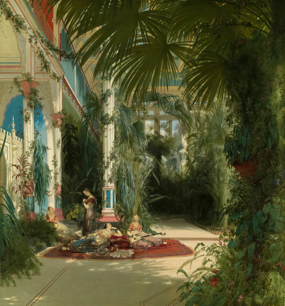 a painting of a woman sitting on a rug in a garden