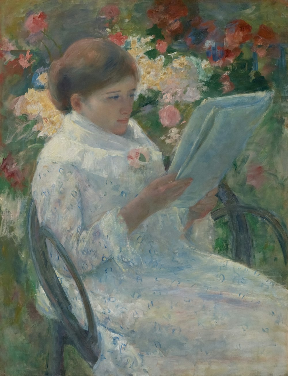 uma pintura de uma mulher lendo um livro