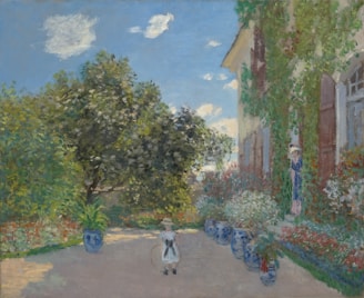 a painting of a woman walking down a street