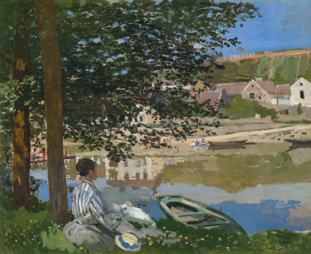 a painting of a woman sitting by a lake