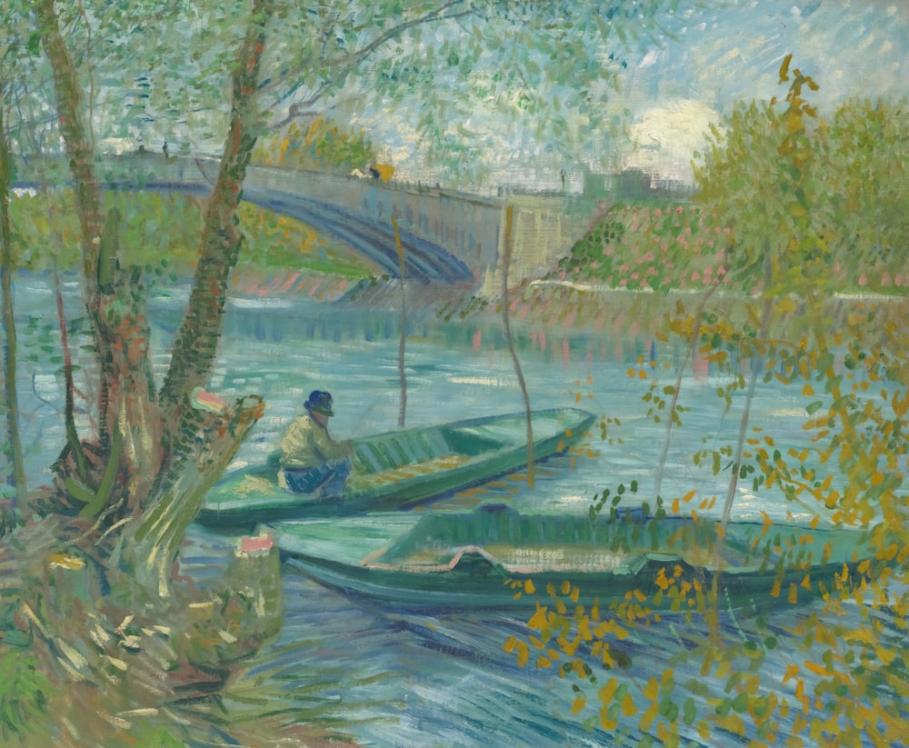 uma pintura de um homem sentado em um barco em um rio