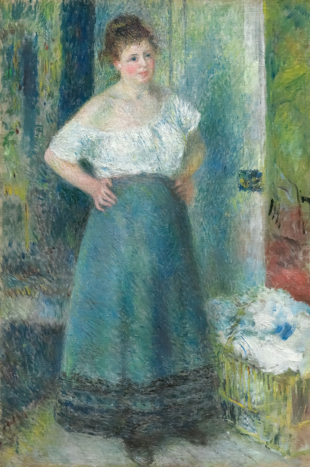 a painting of a woman in a blue dress