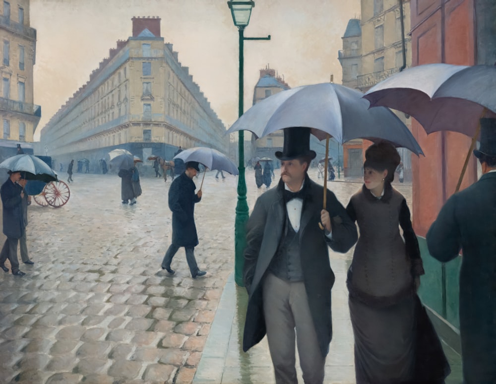 a painting of people walking in the rain with umbrellas