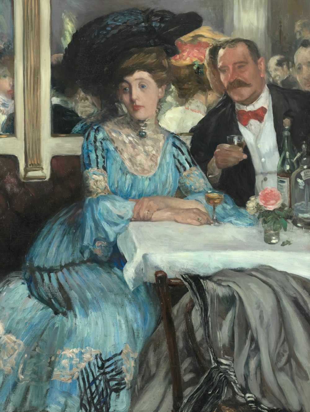 uma pintura de um homem e uma mulher sentados à mesa