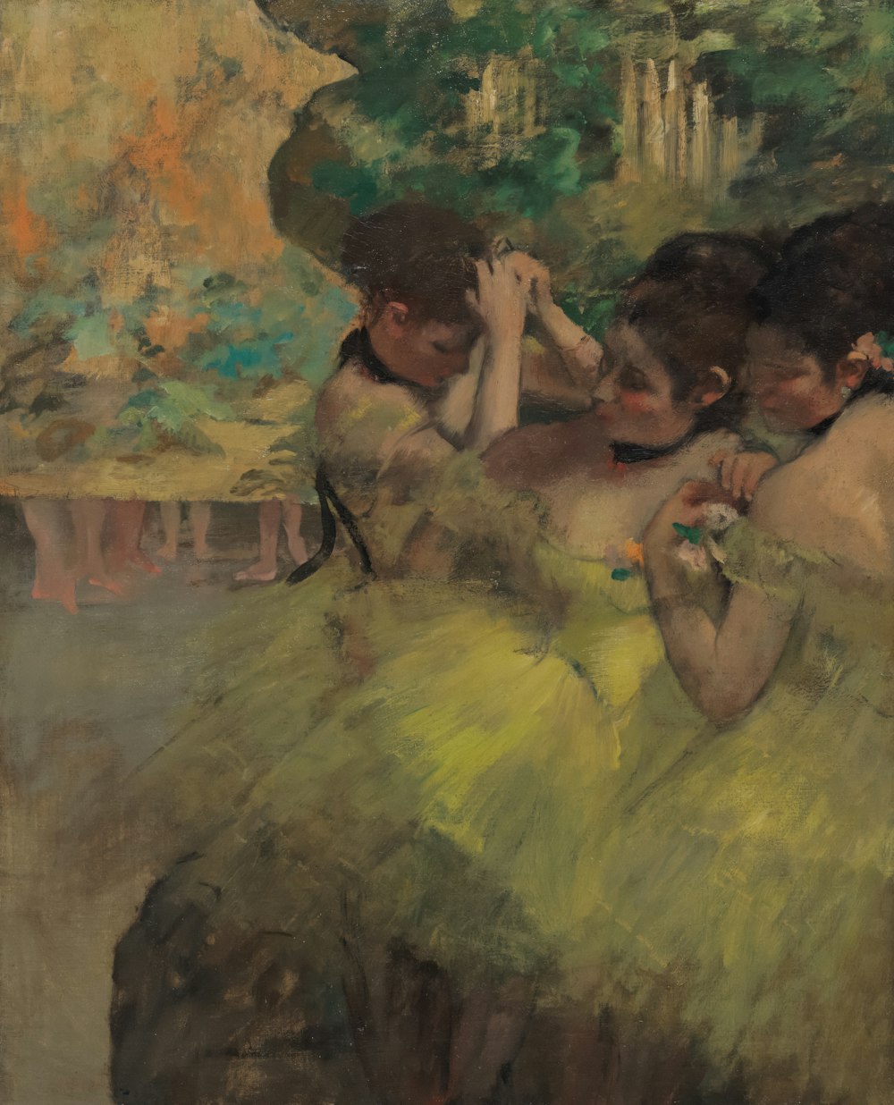 a painting of two women in yellow dresses
