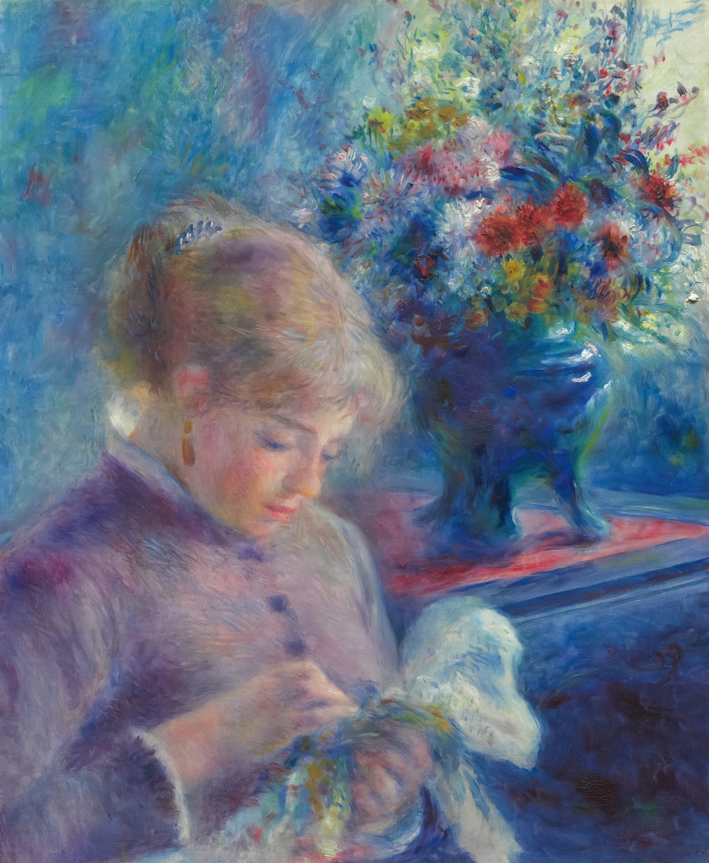 a painting of a woman sitting in front of a window