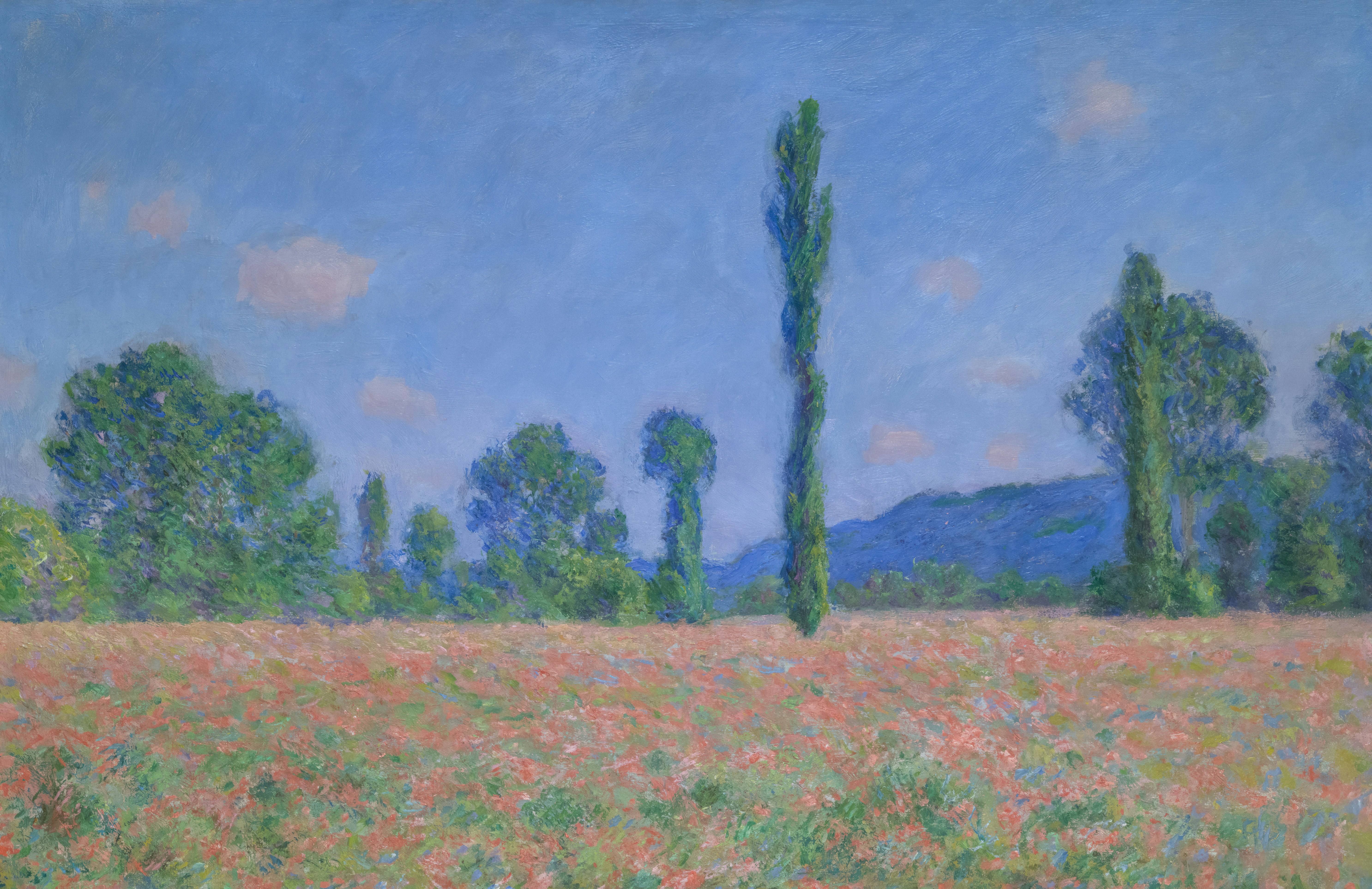 Monet painting of field with red flowers, tall green trees, and blue sky, similar to some paintings I saw from the Museum of Fine Arts, Boston.