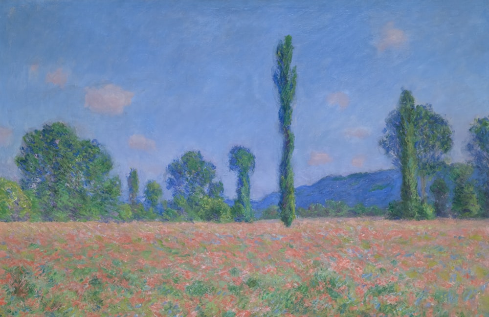 a painting of a field of flowers and trees