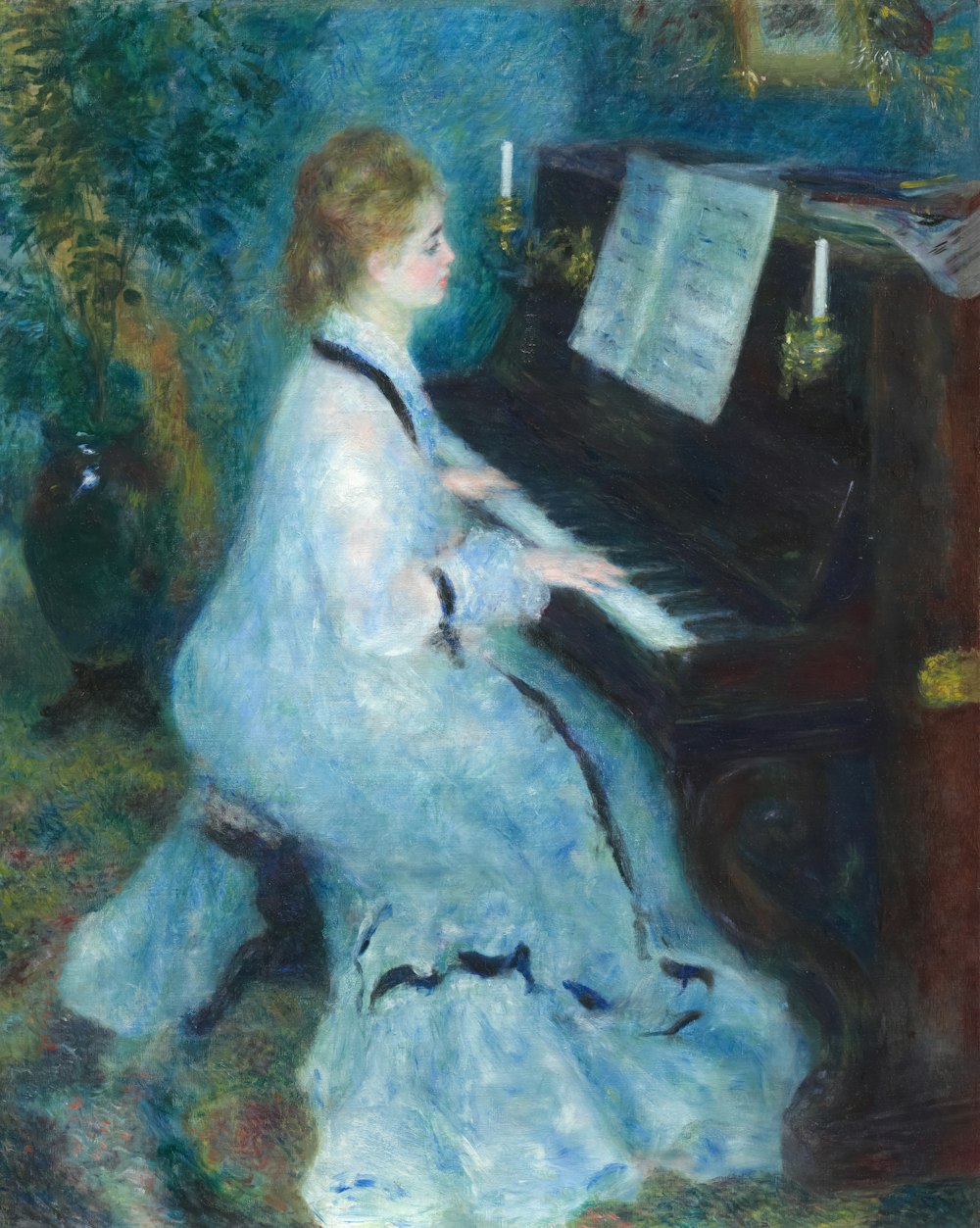 a painting of a woman playing a piano