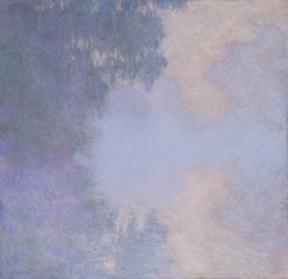 a pastel painting of trees in a foggy sky