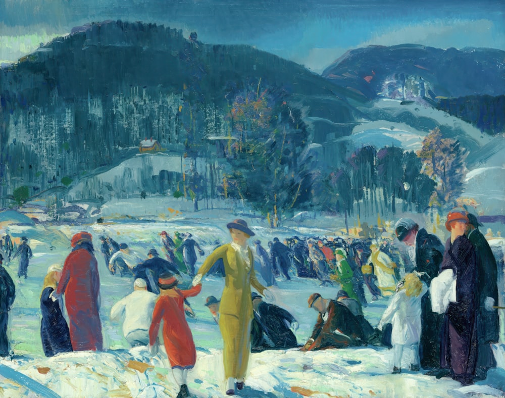 uma pintura de um grupo de pessoas na neve