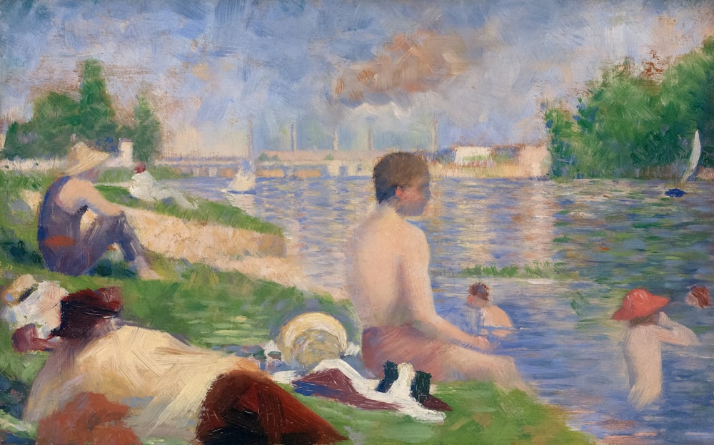 a painting of a man sitting on the grass next to a body of water