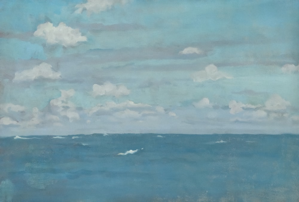 a painting of a blue ocean with white clouds