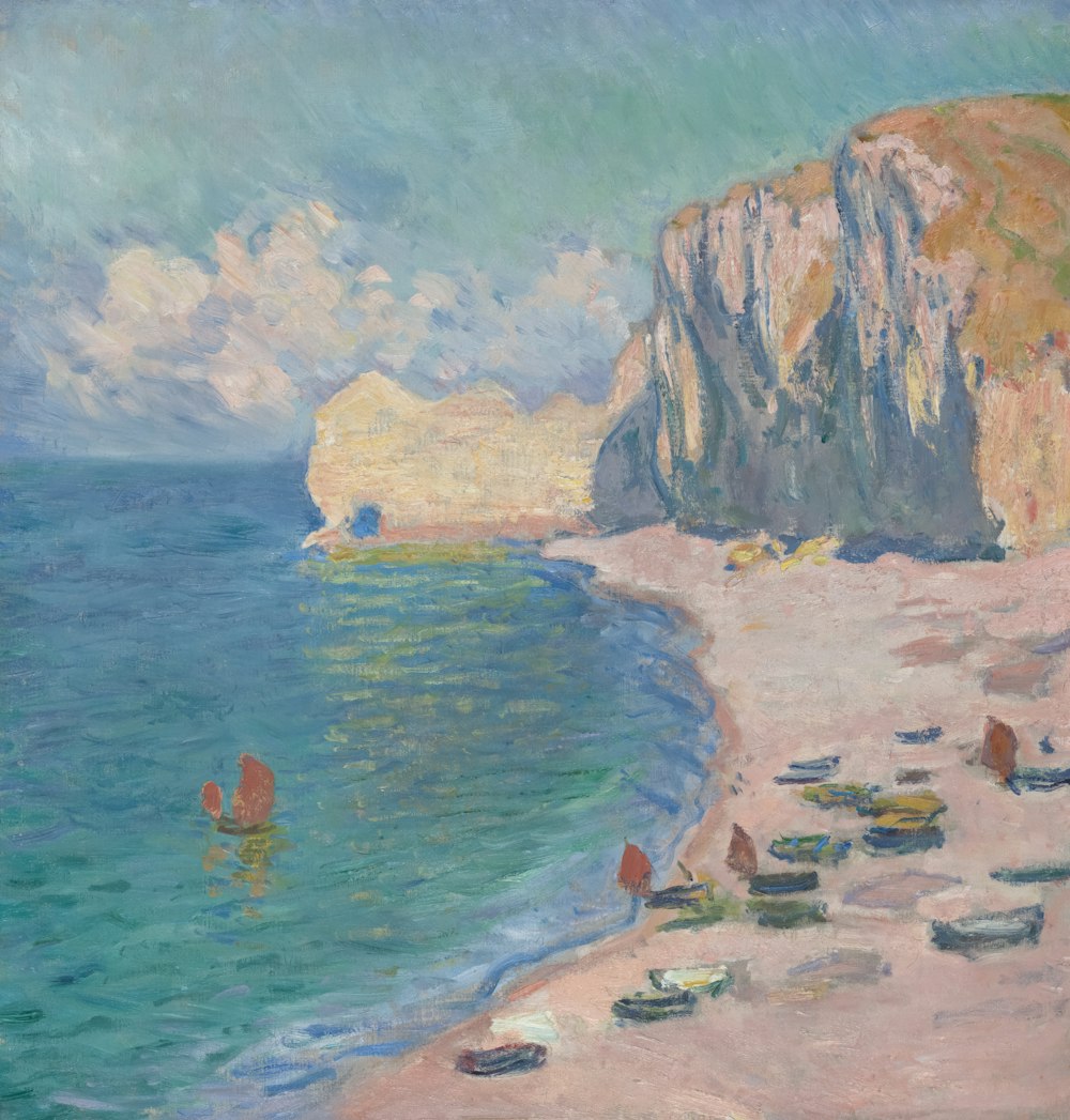 a painting of a beach with a cliff in the background