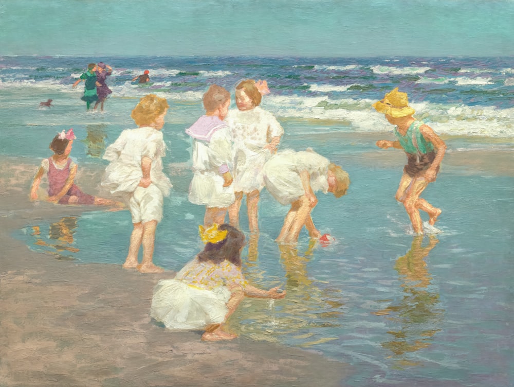 a painting of children playing on the beach