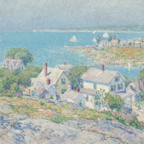 Soft, textured brushwork highlighting the island’s lush vegetation framing a quiet cove.