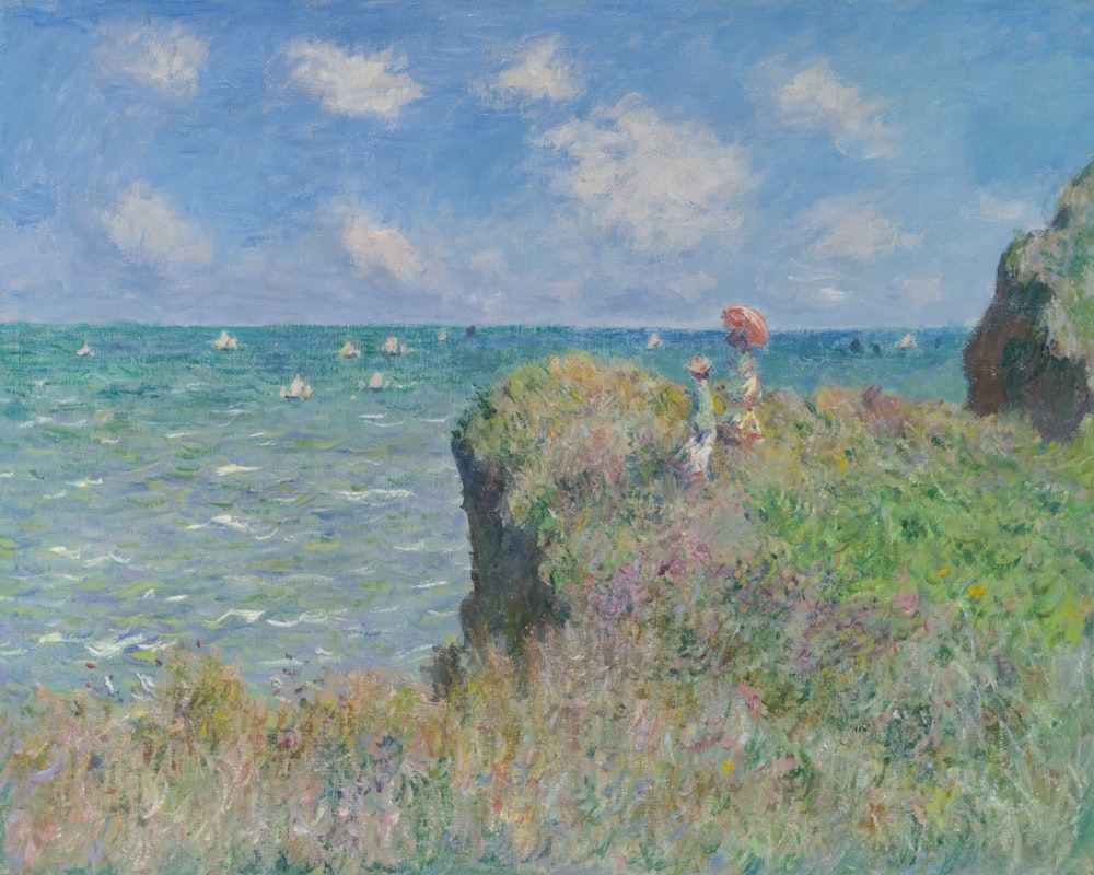 a painting of a person standing on a cliff overlooking the ocean