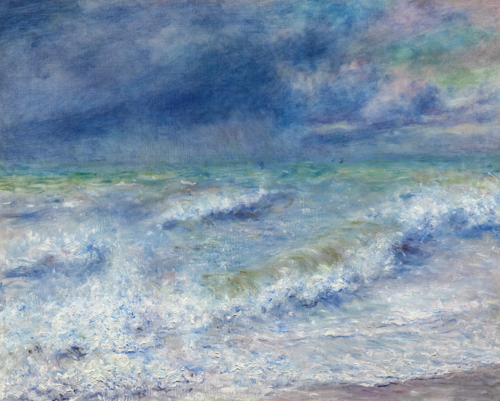 a painting of waves crashing on a beach