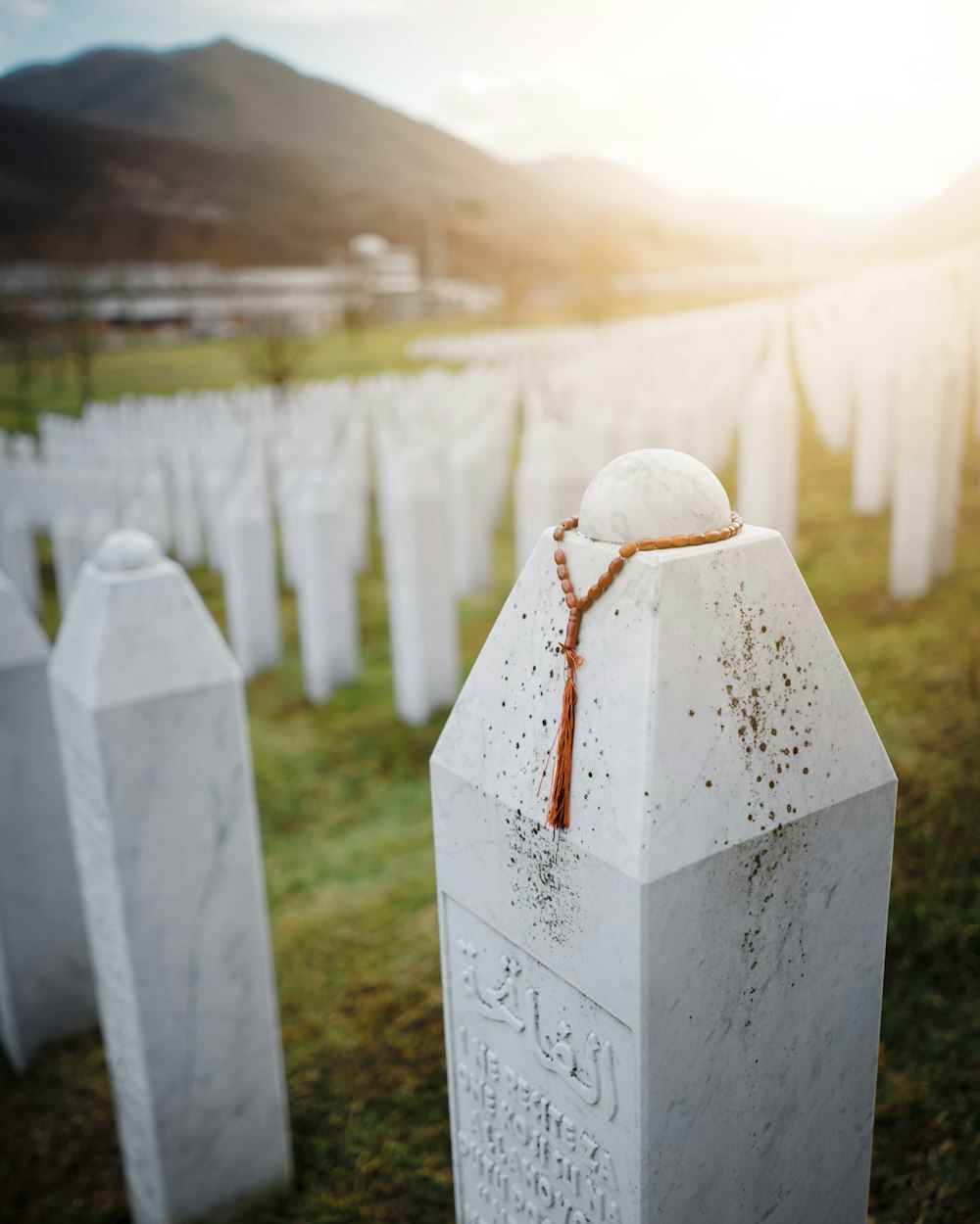 a group of headstones in a field with a mountain in the background