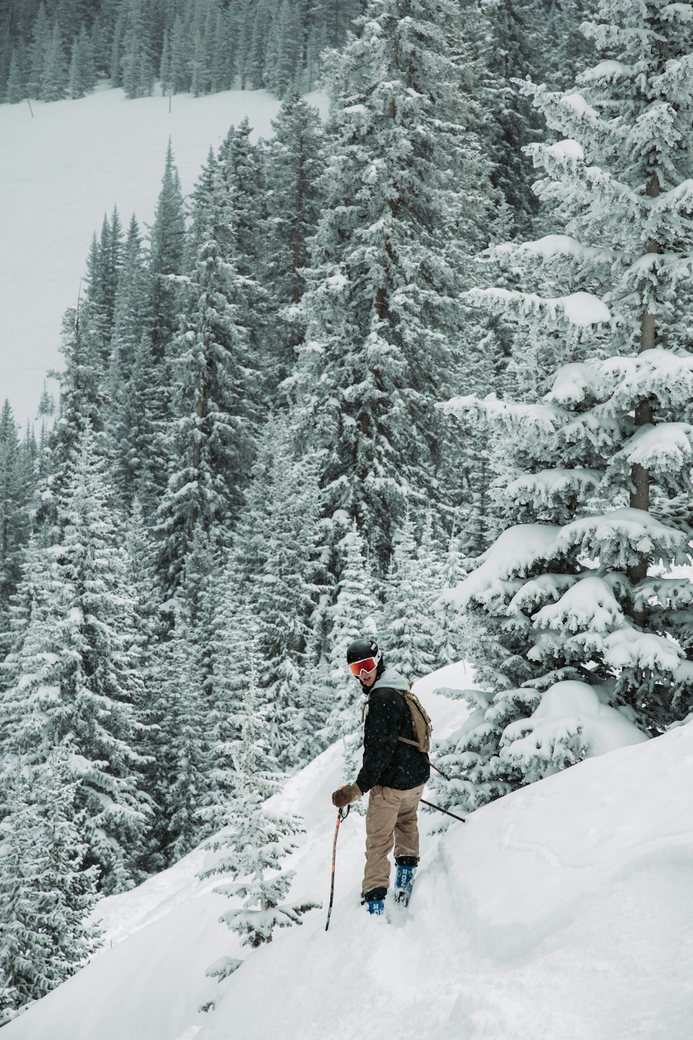 a person on skis standing on a snowy hill