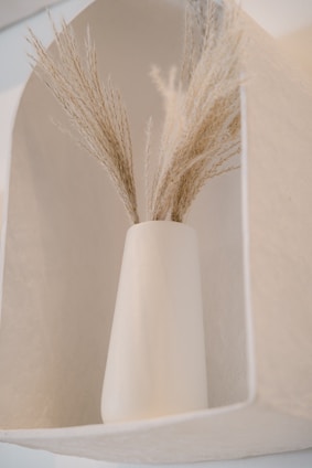 A sleek ceramic vase with dried pampas grass on a minimalist wooden shelf.