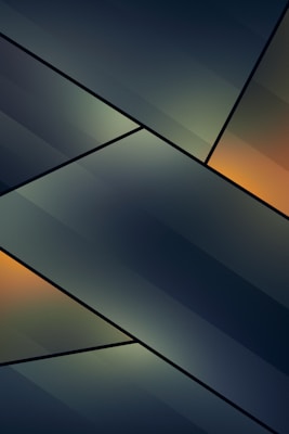 Geometric abstract design featuring intersecting diagonal lines and shapes with a gradient background. The colors transition smoothly from dark blue and green to hints of orange.