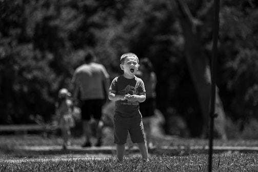 A young child stands in a grassy area with an open mouth, possibly shouting or expressing excitement. In the blurred background, an adult and a smaller child are walking, suggesting a park or outdoor setting with trees.