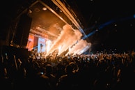 A vibrant concert scene with a large crowd of people raising their hands and holding up phones. Intense lighting effects highlight the stage, where smoke machines create dramatic plumes. The setting is a large indoor arena with visible stage lights and equipment.