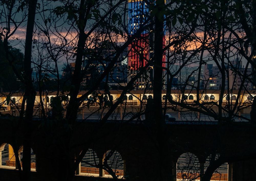 a view of a building through the trees